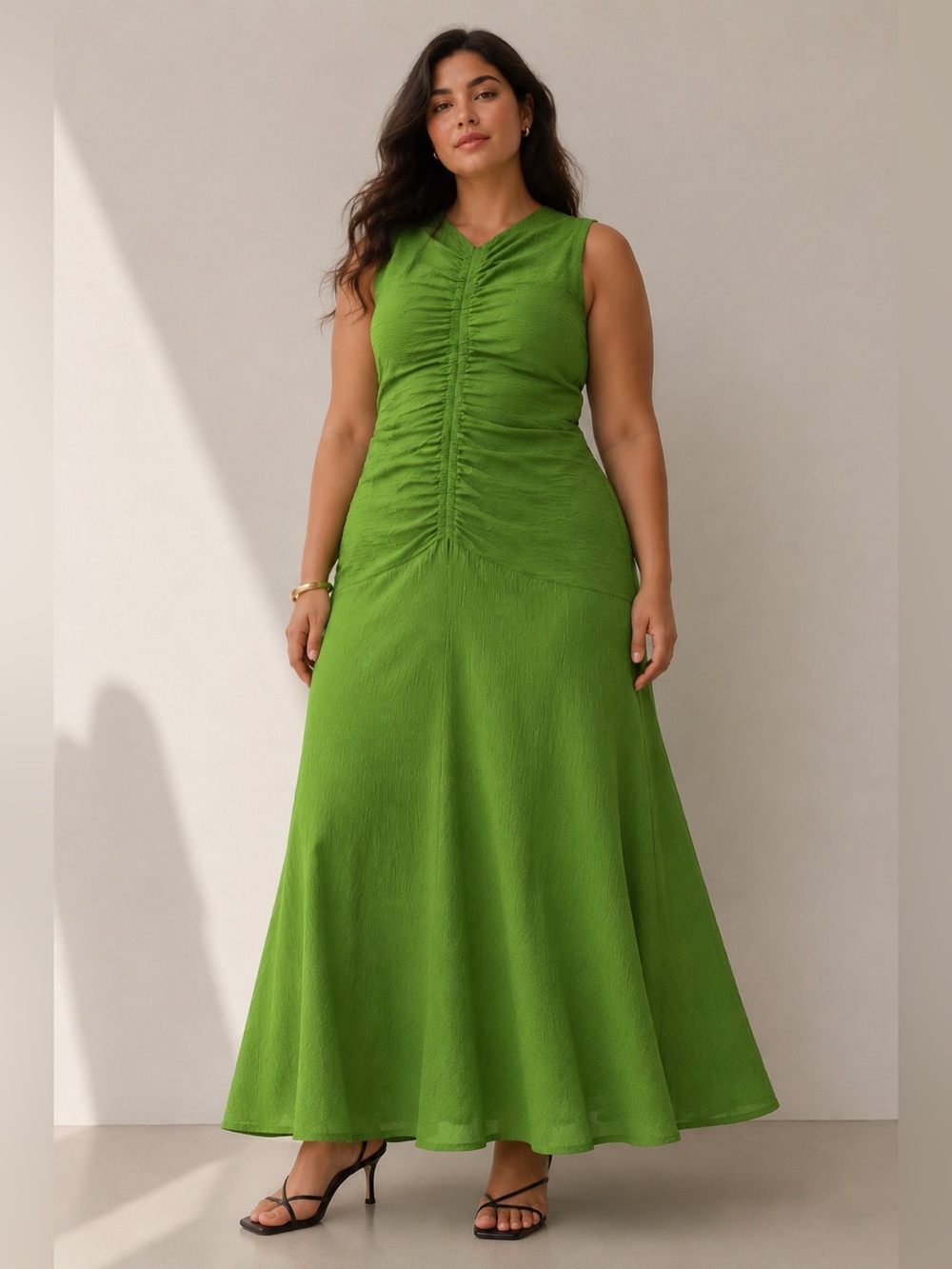H&M Viral Ruched Draped Maxi Dress Textured Lime Green Sleeveless US L